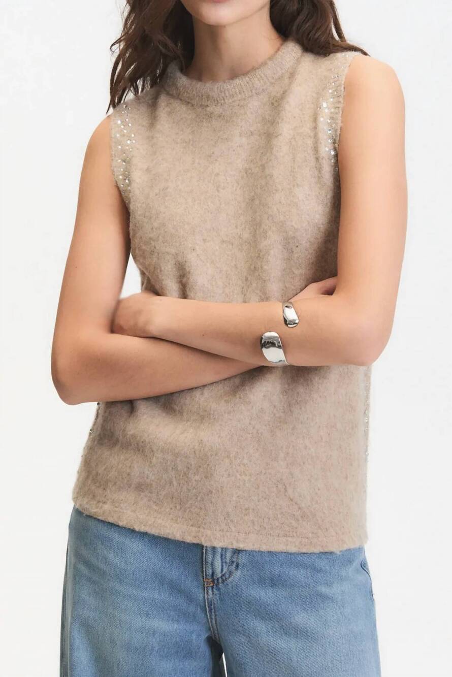 NEW DELUC myles rhinestone embellished sweater vest in beige